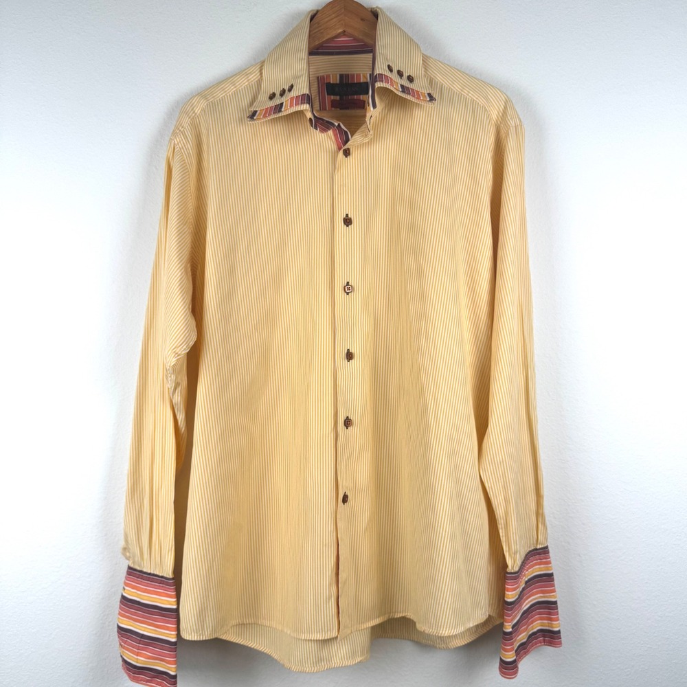 Axxess Button Down Shirt Mens XL Yellow Excellent Striped Casual Office Cotton